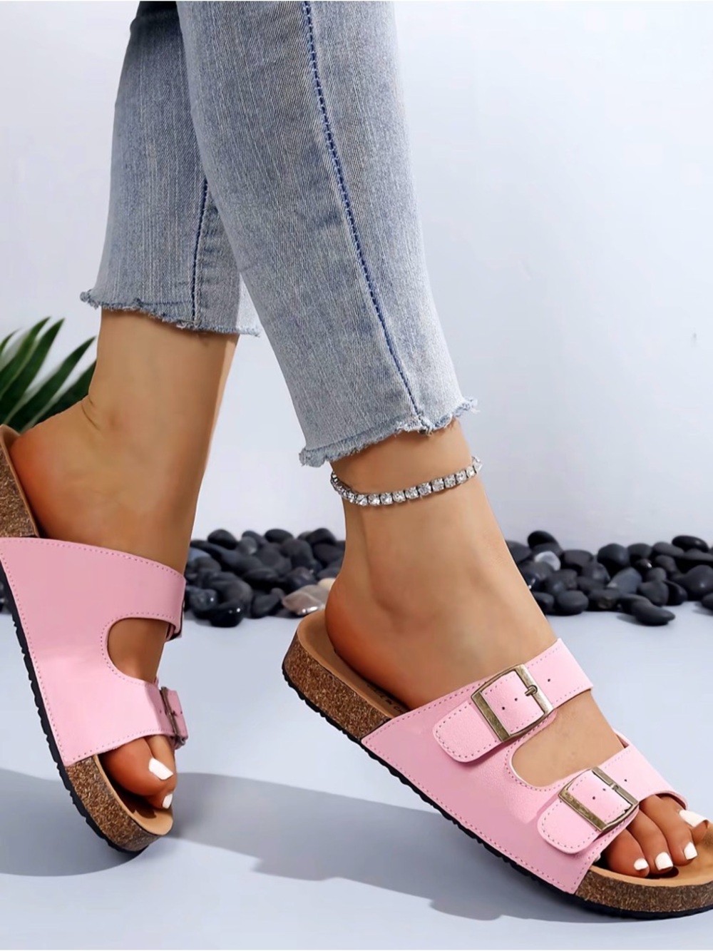 Pink Double-Buckle Cork Footbed Sandals - Picture 4 of 10